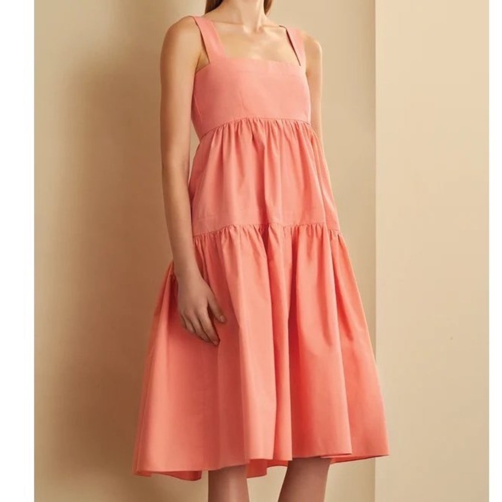 Three Graces London Pink Cotton Tiered Midi Dress Square Neck 12 cottage prairie